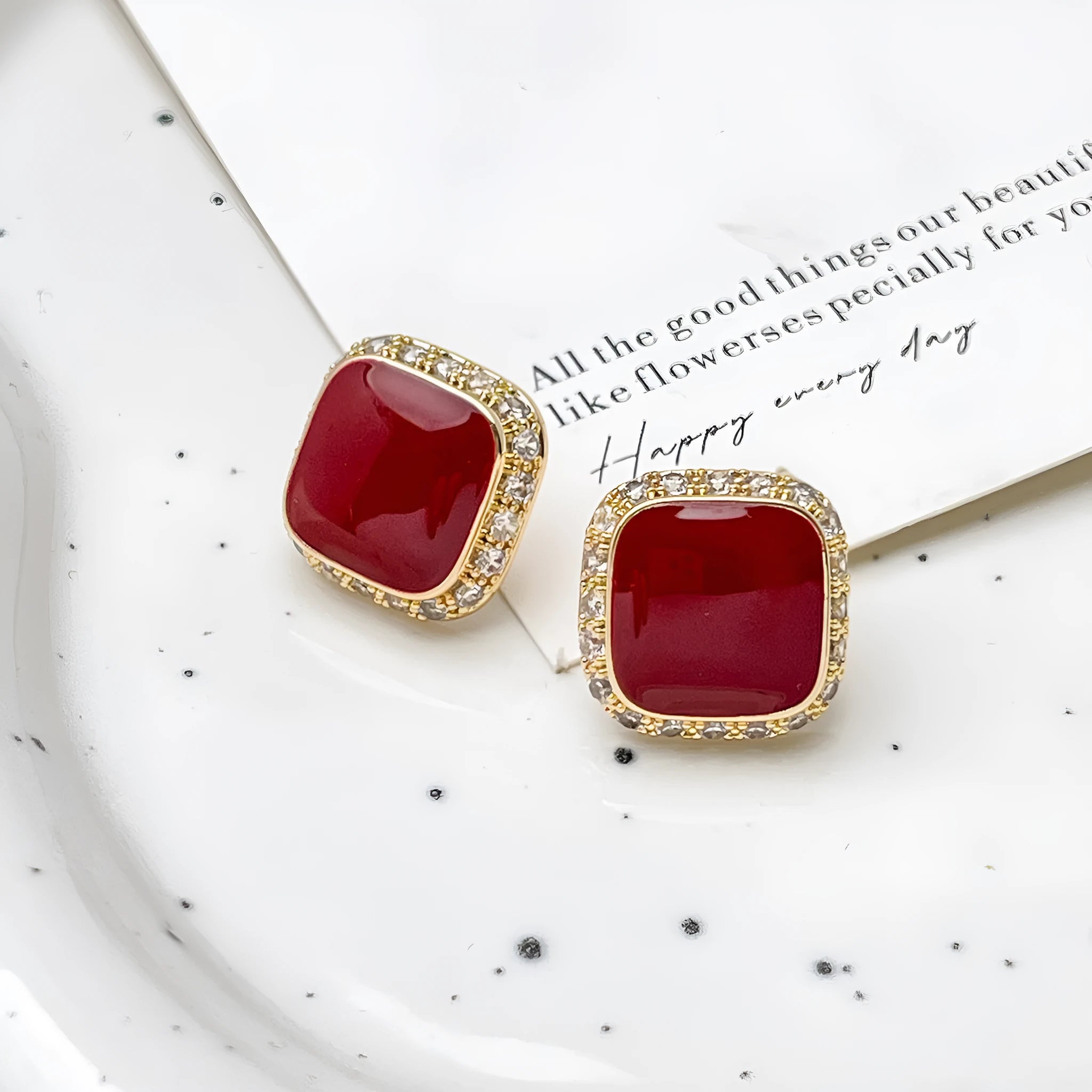 Red geometric alloy drop earrings with square detail for women.