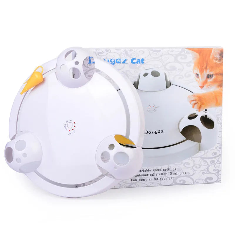 White electric cat toy turntable with automatic catching mouse, 32cm diameter, ABS plastic body
