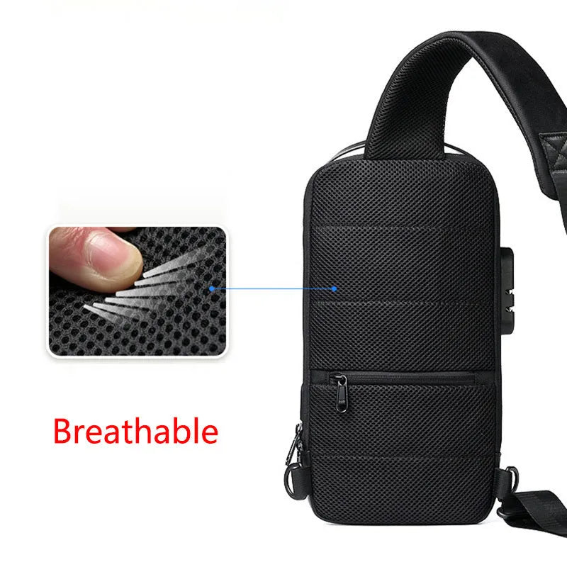 Men's black Oxford cloth crossbody bag showing front zipper and shoulder strap, with internal phone and laptop pockets visible.