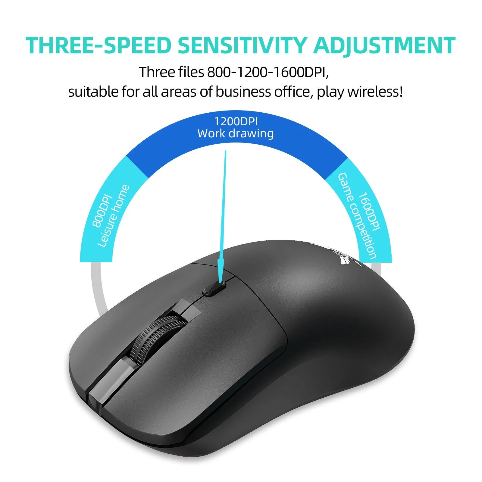 Black wireless mouse with DPI switch and audio buttons on side