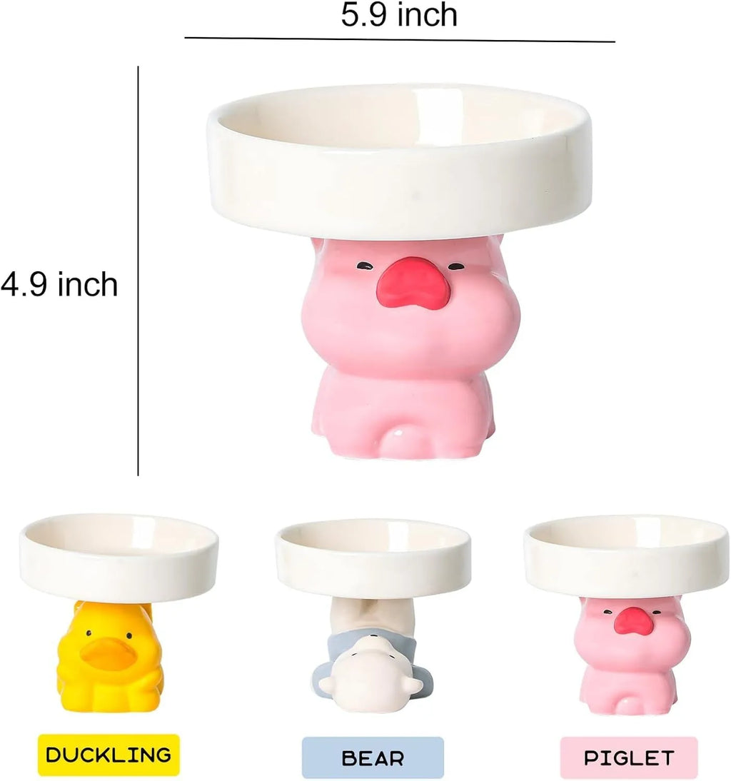 Raised ceramic pet bowl with animal design for cats and small dogs