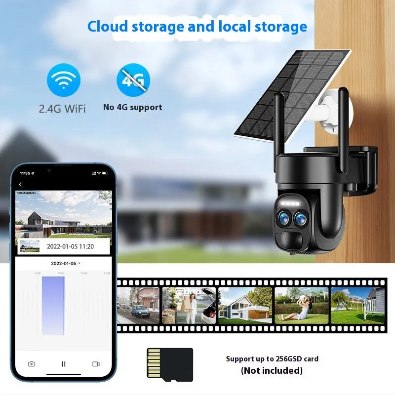 Solar-powered surveillance camera with 8x zoom lens for outdoor security