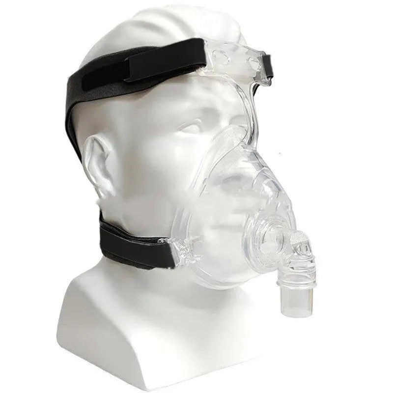 Transparent silicone CPAP breathing mask with headgear and two adapter elbows for ventilator connection