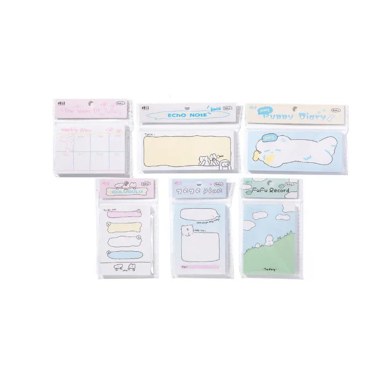 Cartoon hand account collage sticky note notepad showing multiple size options and design variations