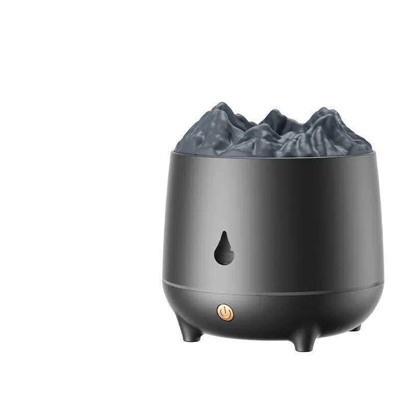 White volcanic-shaped ultrasonic humidifier and essential oil diffuser with USB cable on a wooden table.