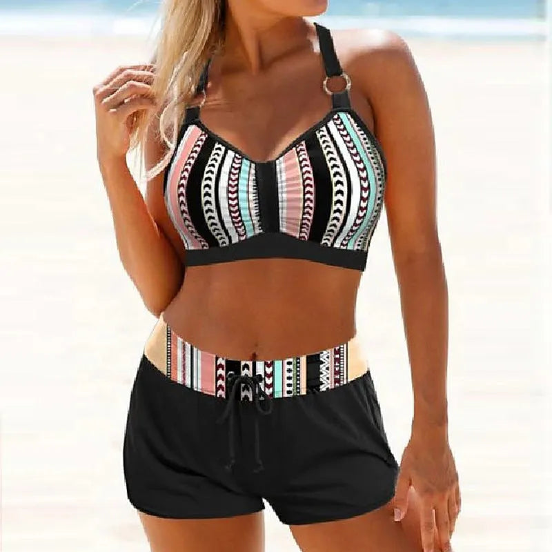 Women's two-piece polyester swimsuit bikini set available in multiple sizes and print colours
