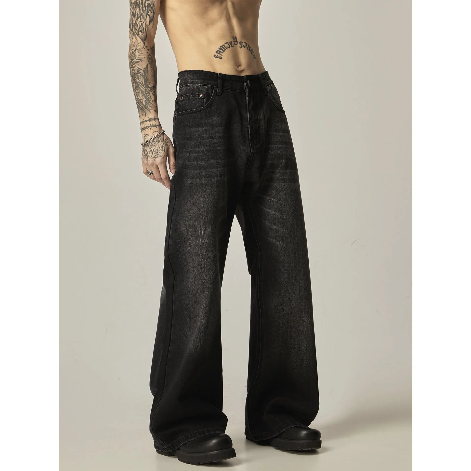 American retro black loose straight jeans with zipper fly on size chart
