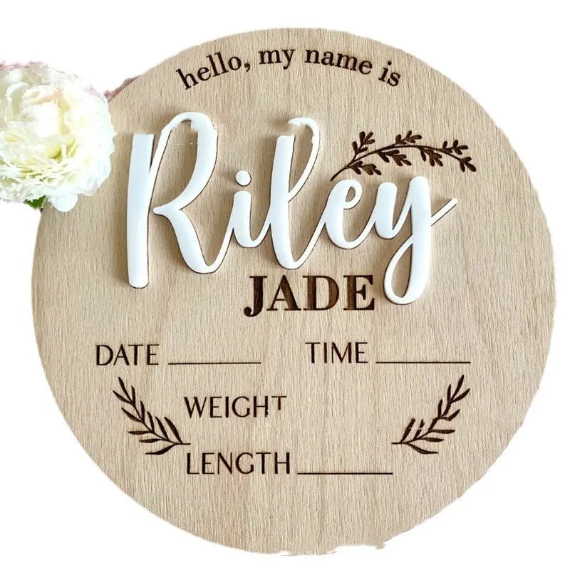Square wooden name plate for newborn showing birth details and surname, 15cm.