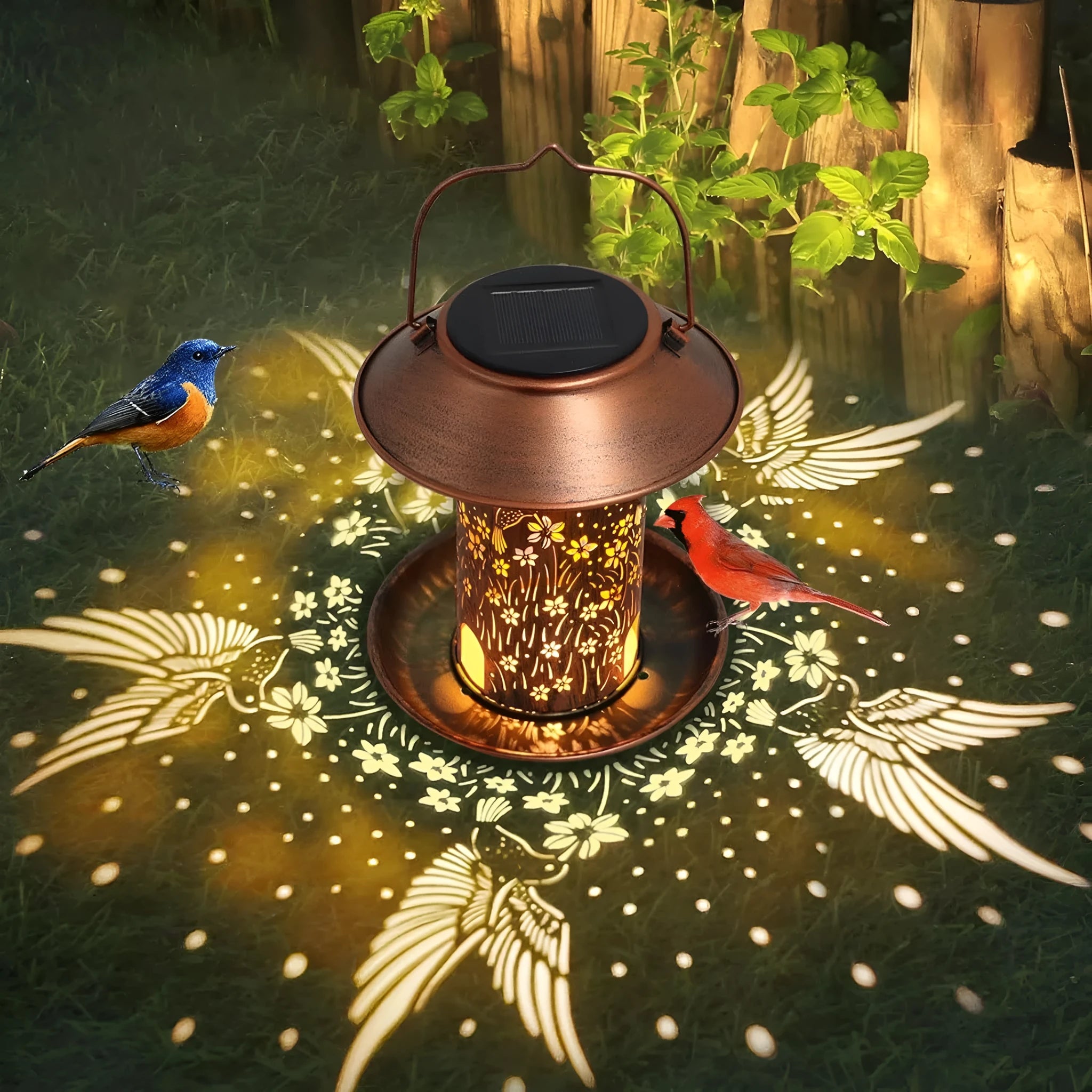 Solar-powered iron art garden lamp and bird feeder with hummingbird pattern design.