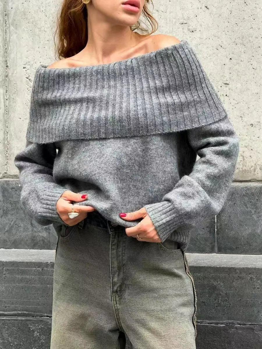 Gray off-the-shoulder acrylic sweater with 3D pattern effect and regular sleeves