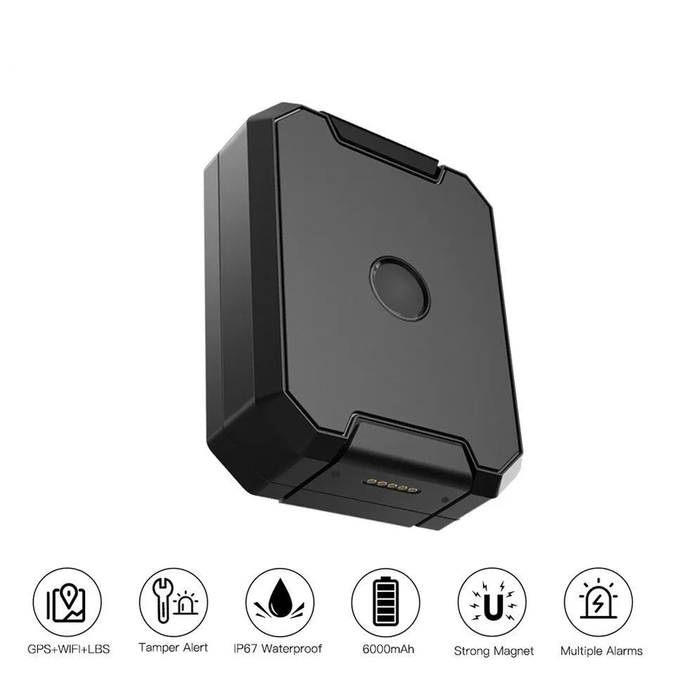 Black GPS car locator device with 6000mAh battery and IP65 waterproof rating.
