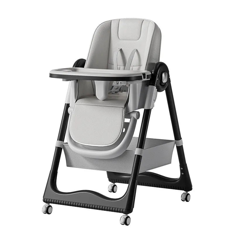 Adjustable baby dining chair with metal frame for babies over 6 months, shown in brown, white, grey, pink, or green.