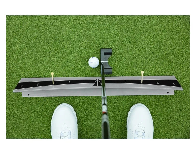 Adjustable golf putter balance simulator with PVC frame for stroke training.