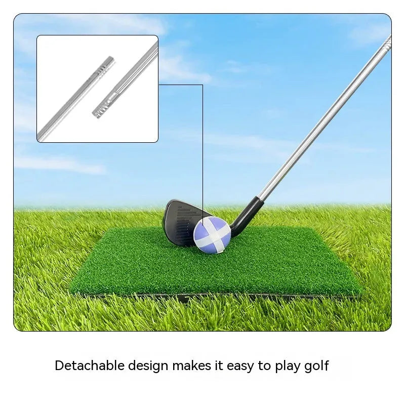 Metal golf practice club shown in children's and adult size options for outdoor sports