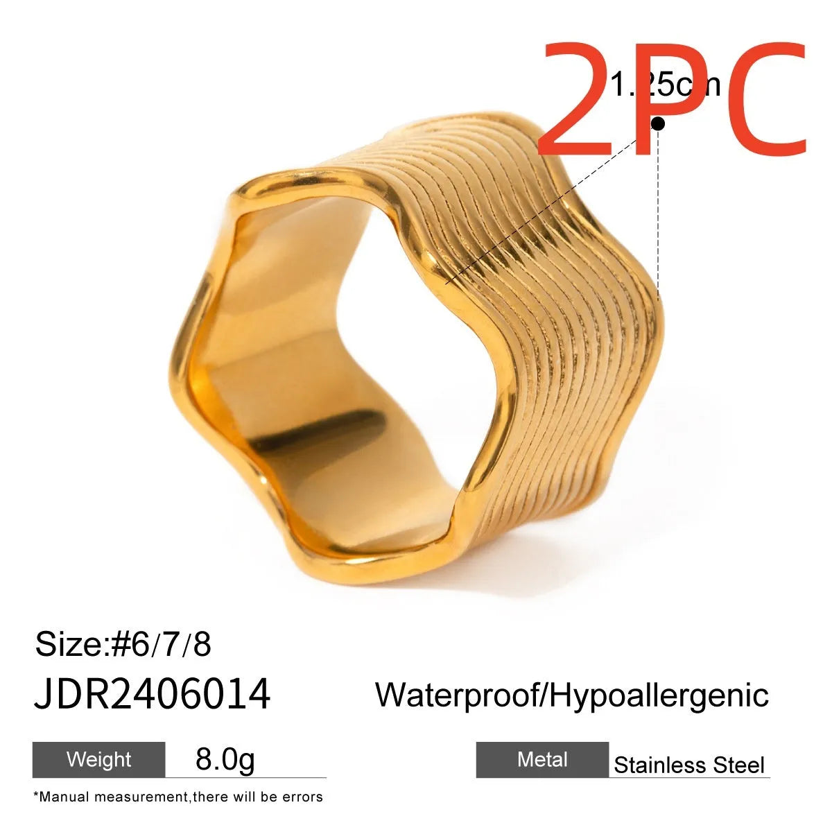 Stainless steel geometric wave pattern ring with wide surface and electroplated finish