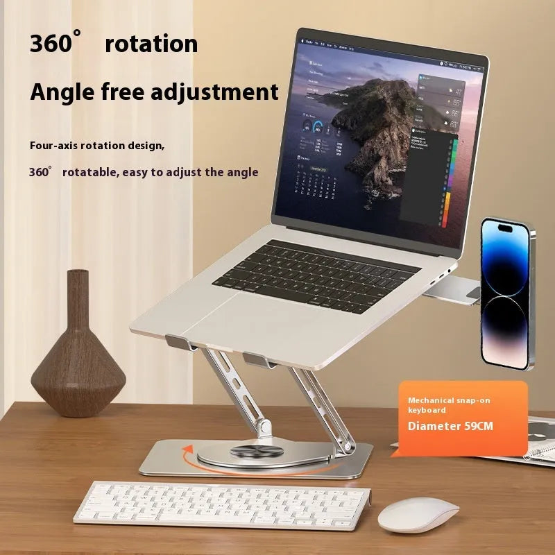Silver carbon steel laptop stand with a rotating magnetic phone holder attached to the side