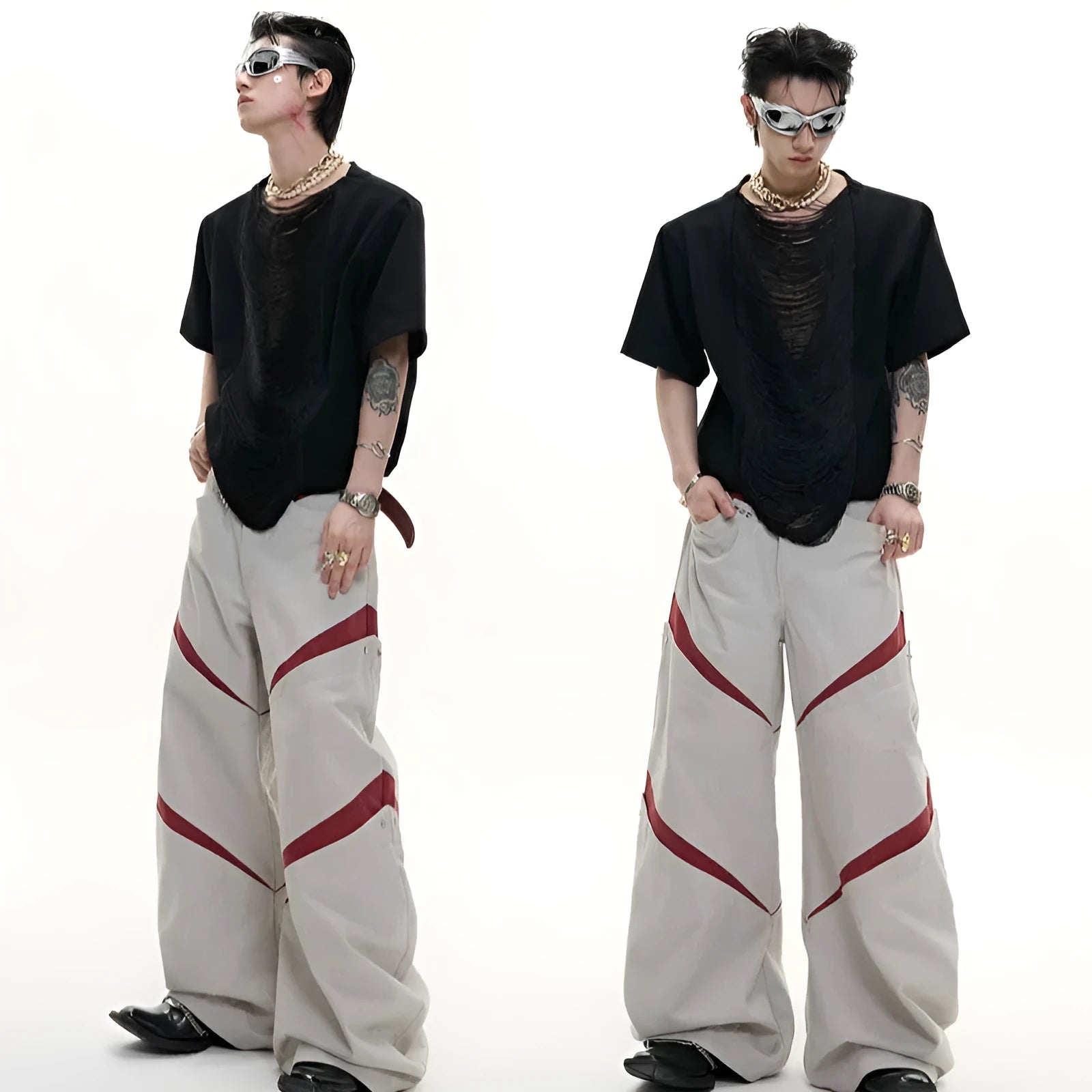 Men's black hollow out V-neck loose fit T-shirt with short sleeves and tassel detail