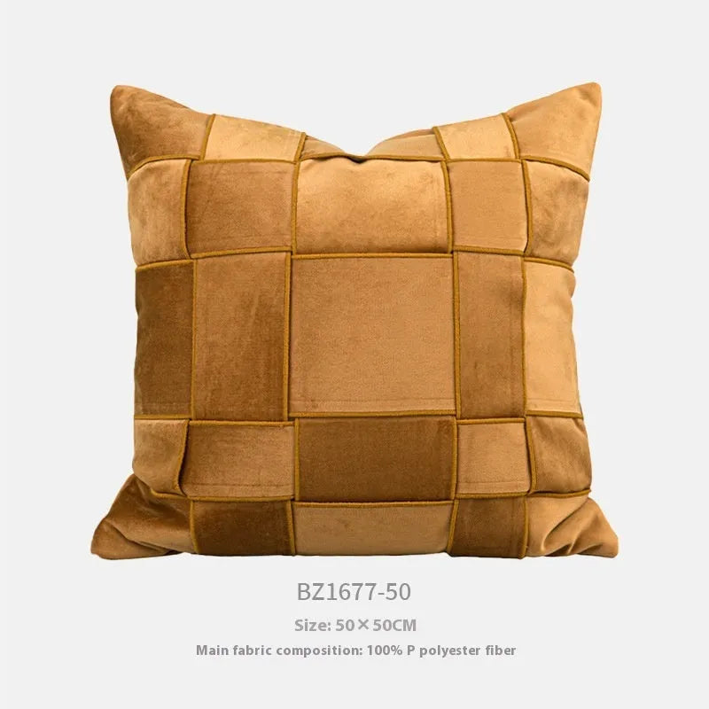 50x50cm square woven chenille pillow cushion on a sofa, shown in a beige colour option.
