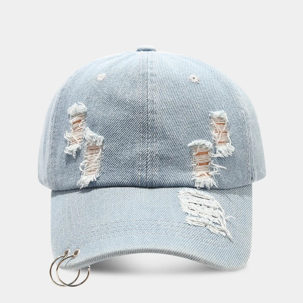 Men's adjustable denim peaked cap with dome crown in black, white, or light blue jeans colours