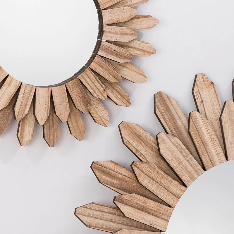 Solid wood European-style hanging mirror in baked colour on a wall