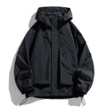 Men's waterproof windproof hooded coat in black colour showing regular length and long sleeve design