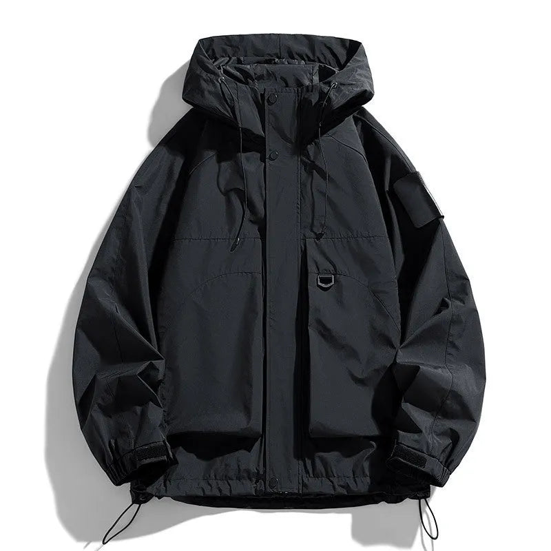 Men's waterproof windproof hooded coat in black colour showing regular length and long sleeve design