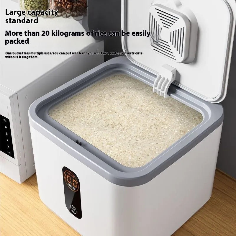 Grey plastic rice storage jar with airtight lid and measuring cup in insect-proof moisture-proof design