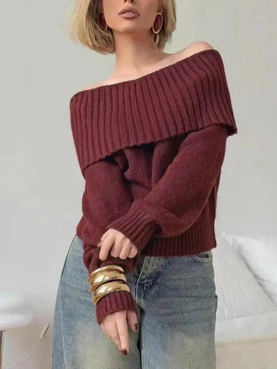 Gray off-the-shoulder acrylic sweater with 3D pattern effect and regular sleeves