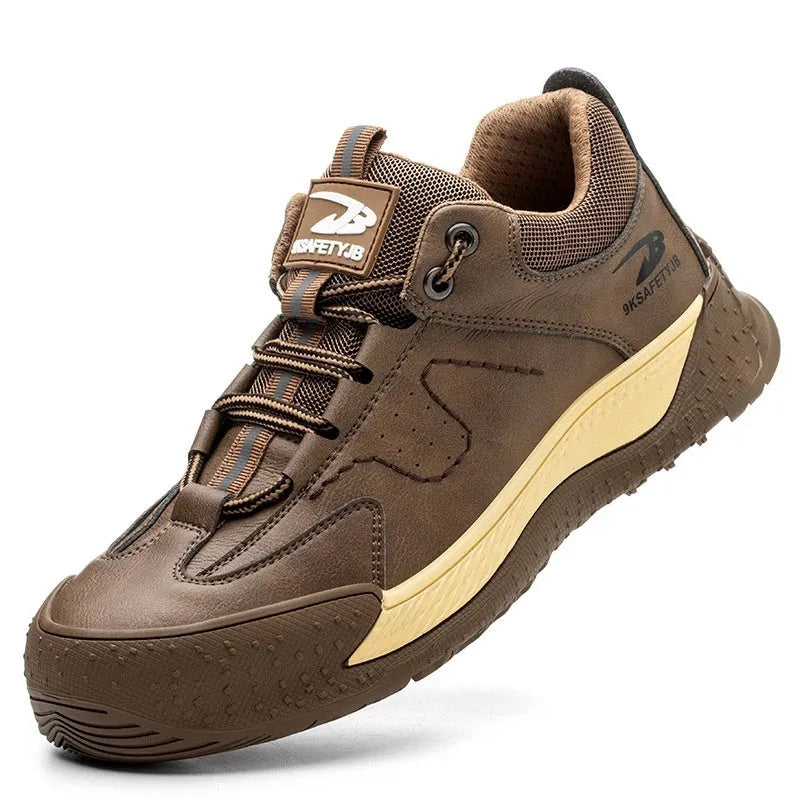 Flyknit leather work safety shoes with rubber sole in black, shown in a size 42.