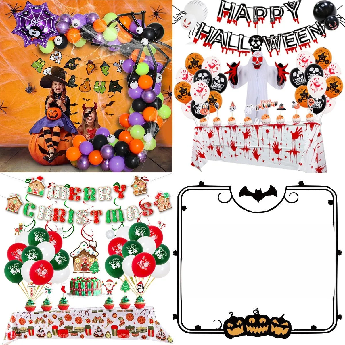 Halloween spider balloon arch decoration kit with white and black latex balloons featuring skull and pumpkin designs