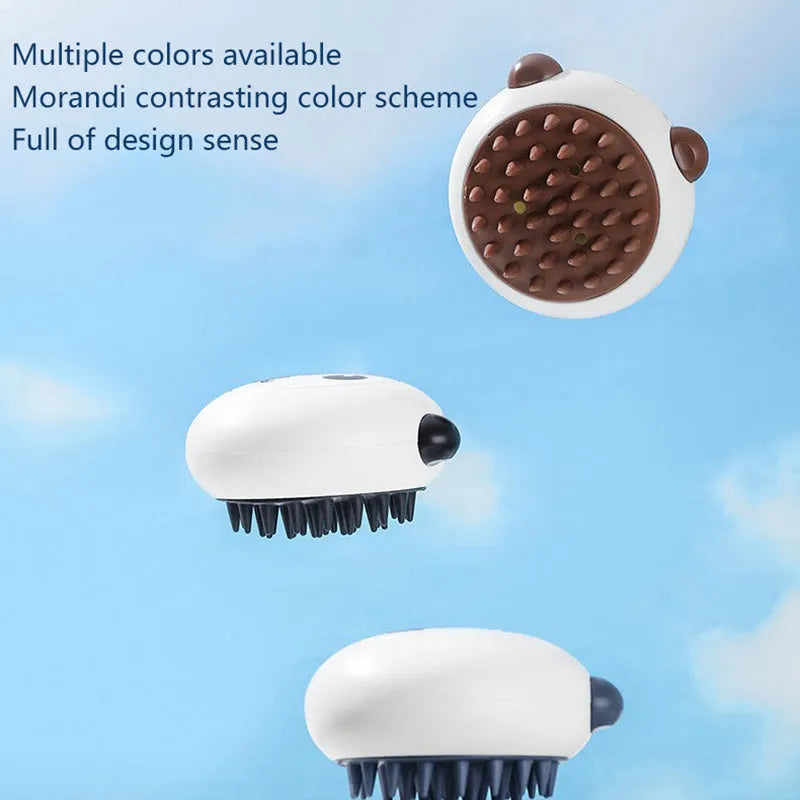 Panda-shaped silicone pet bath brush with soft bristles for cats and dogs in blue.