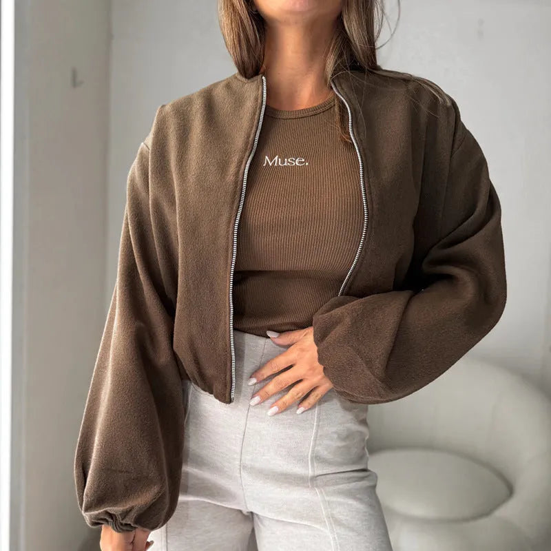 Women's off-shoulder short coat with lantern sleeves in polyester, loose Japanese Korean casual style