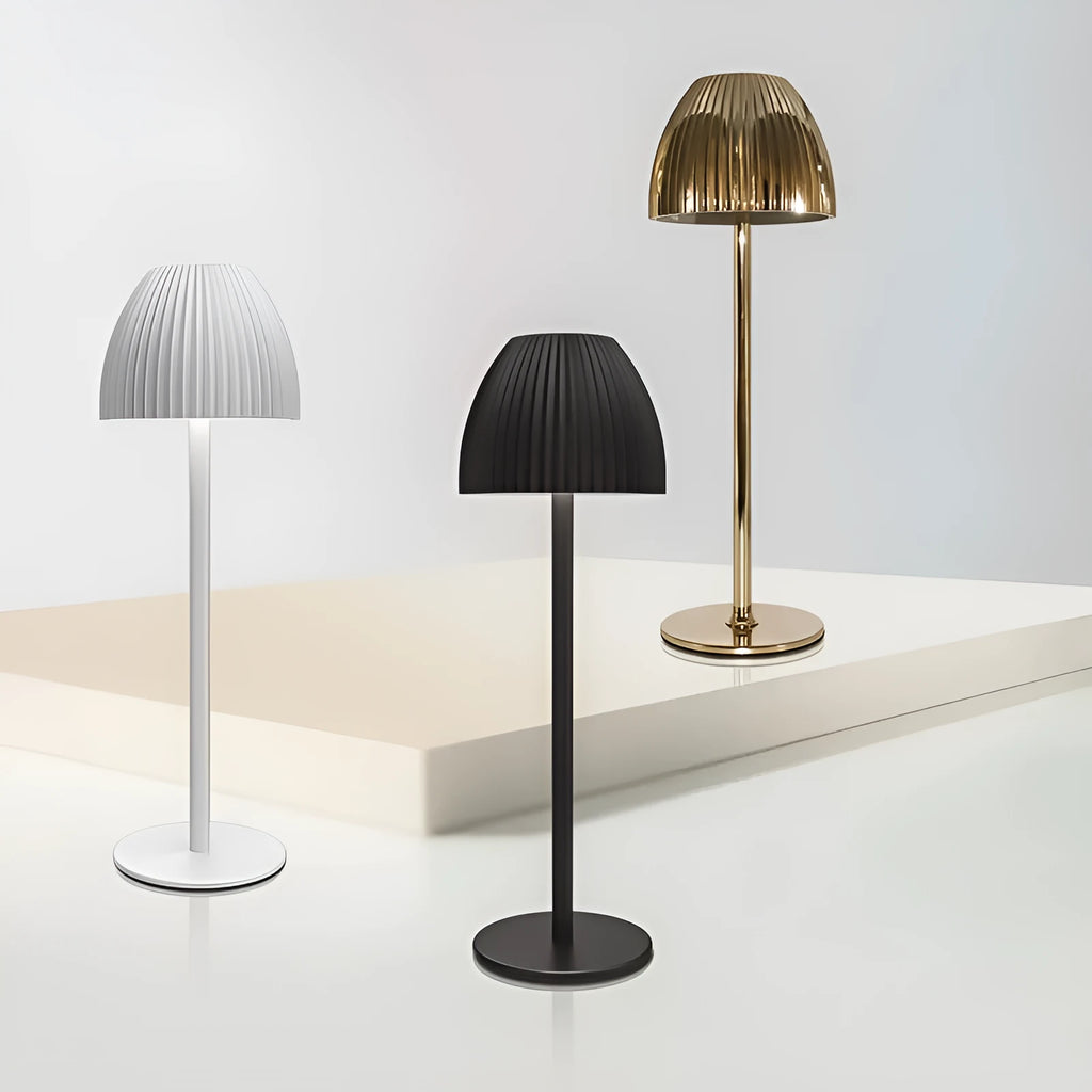Modern dimmable USB rechargeable night lamp with thin round base in black or white colour.