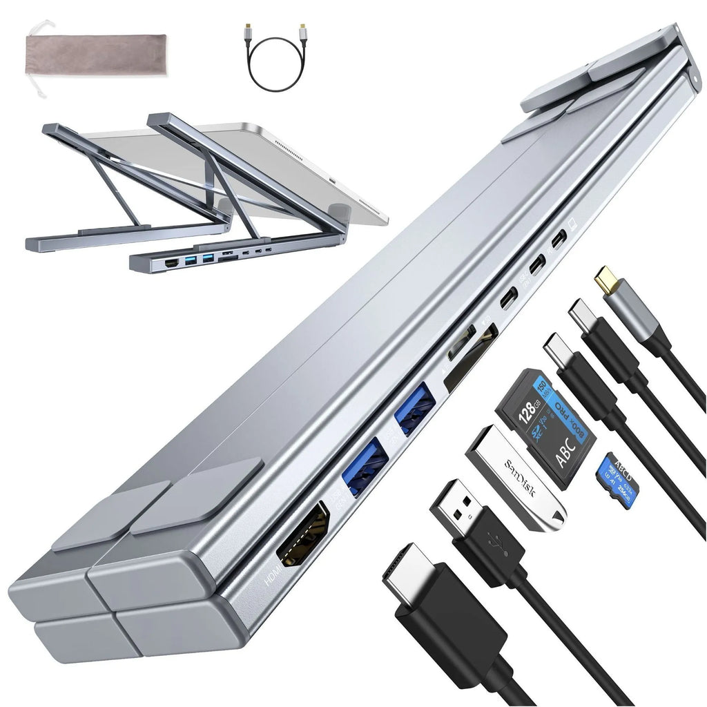 Aluminium alloy folding laptop stand with multi-port docking station in open position