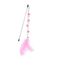 31cm long grey, yellow, and blue acrylic pompon cat teaser rod with feathers and a bell.