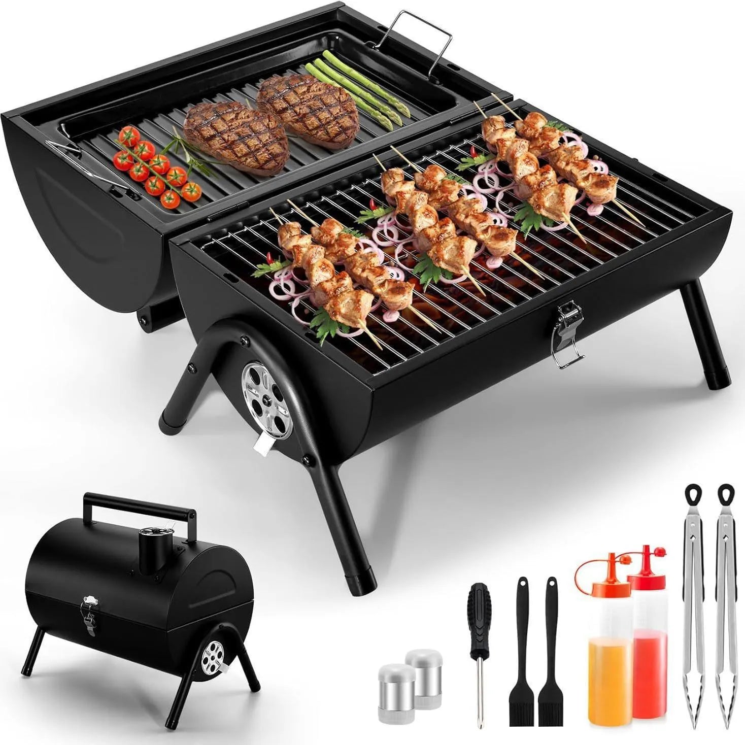 Small folding desktop charcoal barbecue smoking device with grill accessory