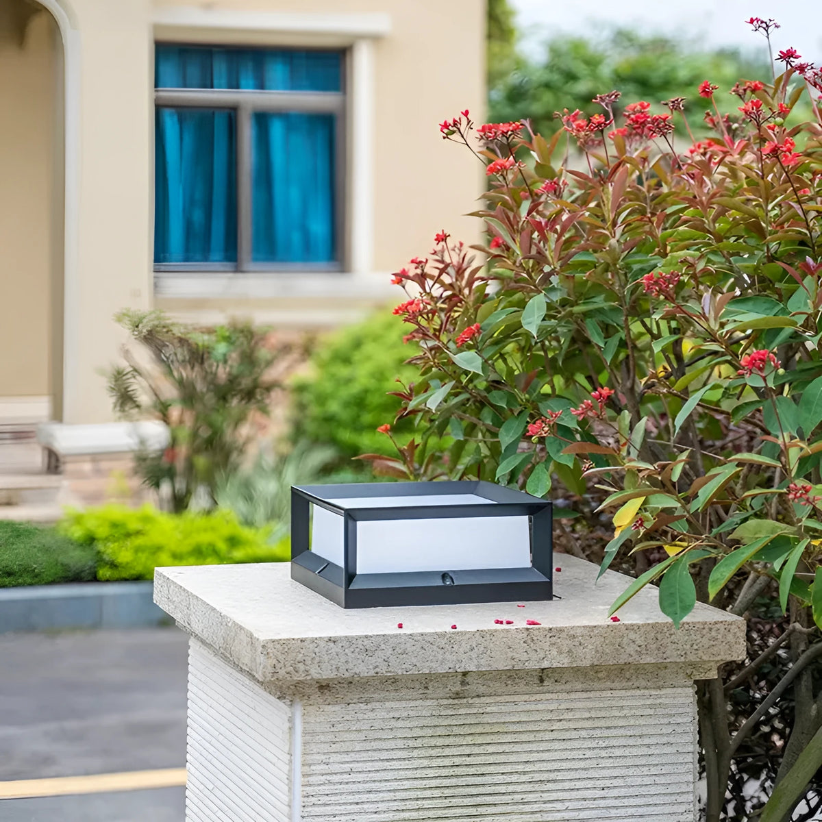 White aluminium solar-powered LED outdoor column light for wall or garden mounting.