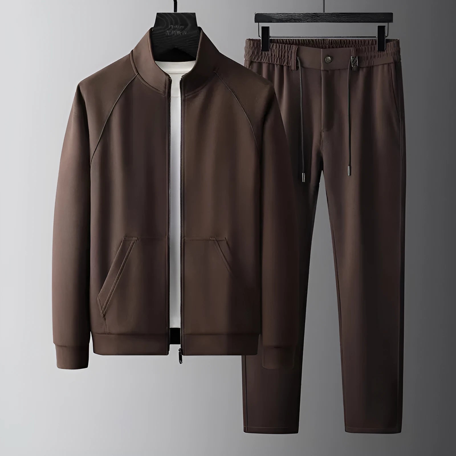 Men's slim fit stand collar casual sports suit in Vinylon fabric, showing coat and trousers.
