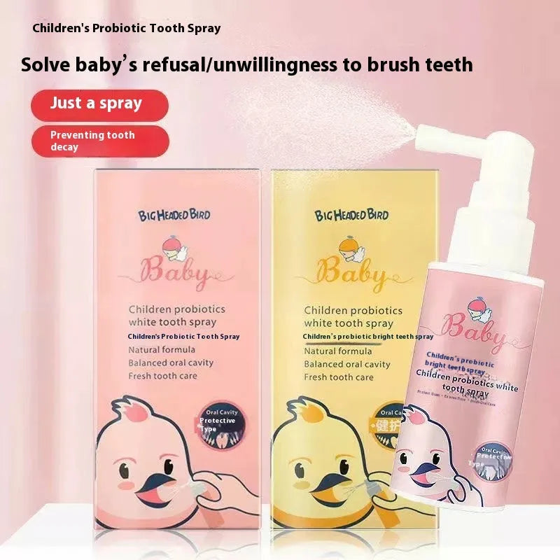 Children's probiotic teeth cleaning spray bottle in strawberry and orange flavours, 40ml anticavity oral care product