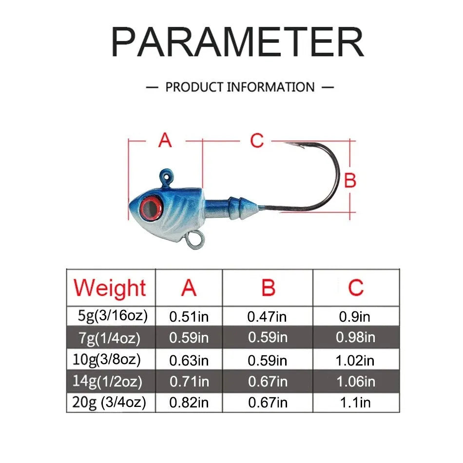 Simulation Yayu shaped lead head fishing jig hooks in blue, silver, and yellow colours showing fish-shaped design.