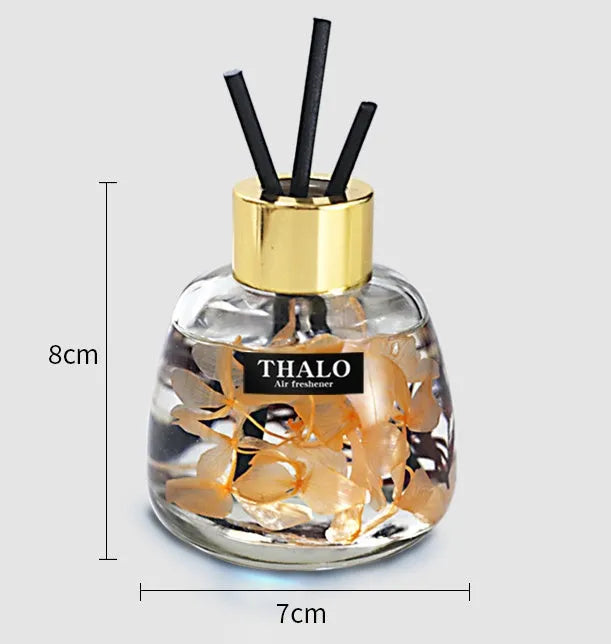 Glass bottle-shaped car perfume ornament with loose incense, shown in various colour options.