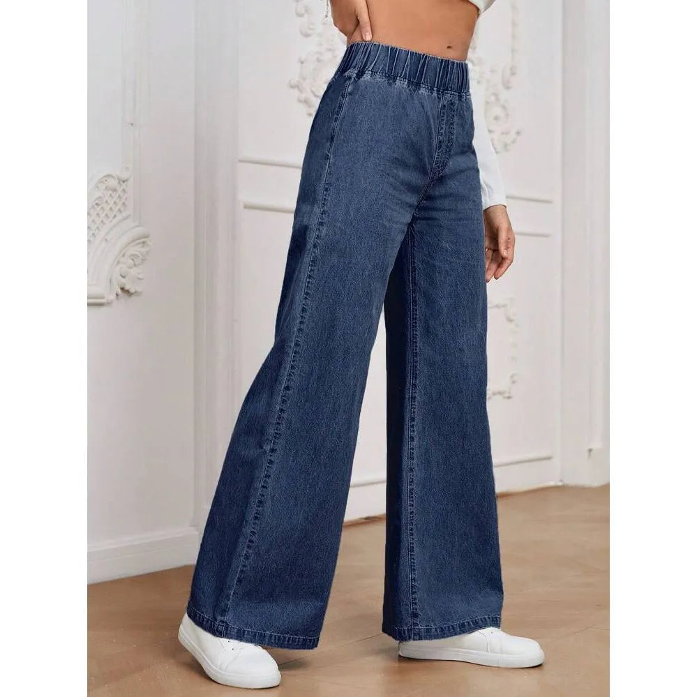 Light blue washed wide-leg denim trousers on a hanger, showing mid-rise waist and straight leg cut.