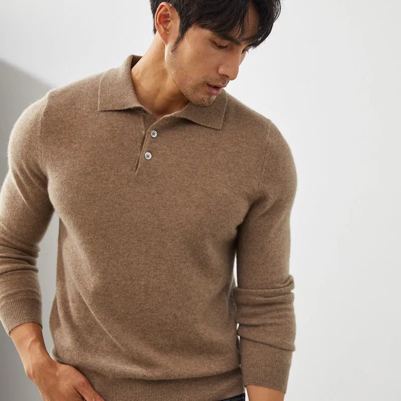 Men's cashmere polo collar pullover sweater in loose fit available in multiple colours
