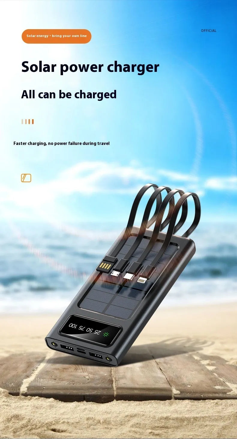 Black and white solar power bank with charging cable showing 20000mAh capacity and solar panel