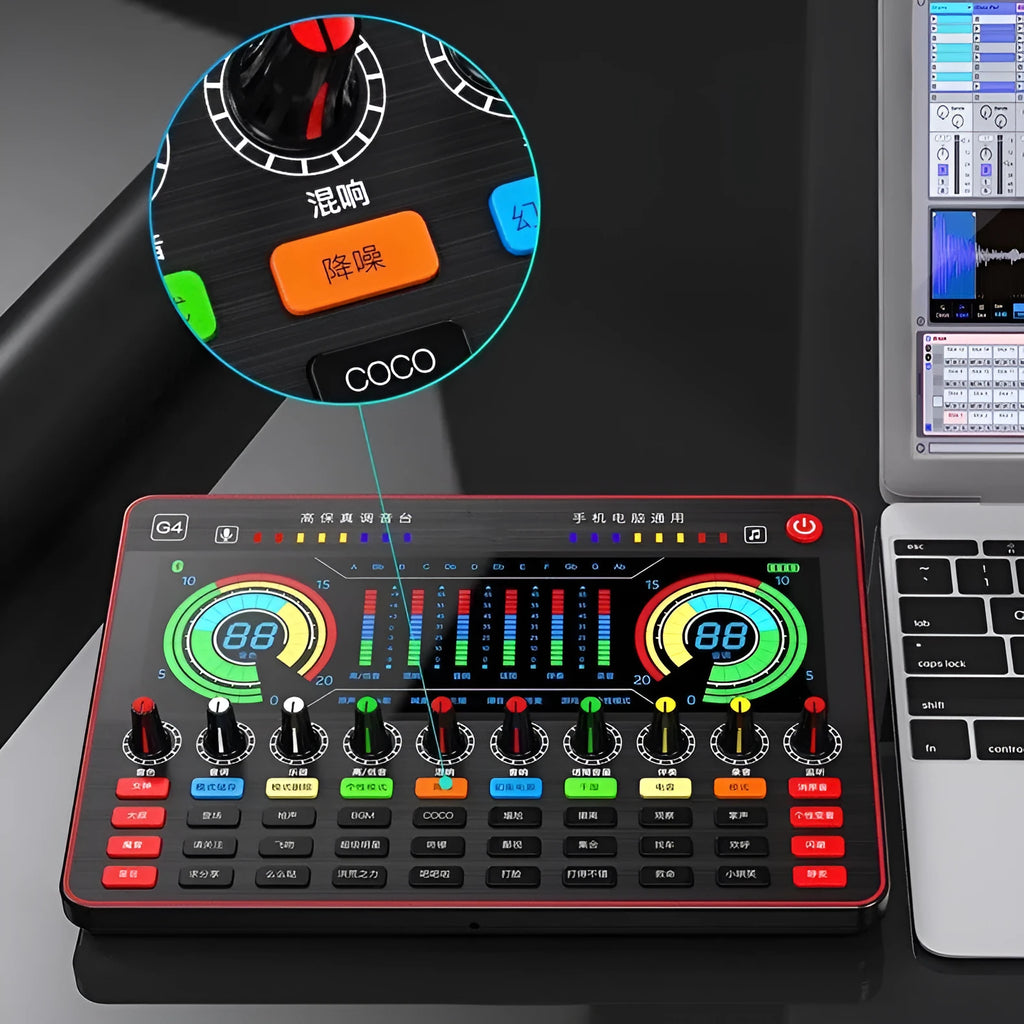 G4 professional sound card set with condenser microphone, remote control, audio cables, and LCD display