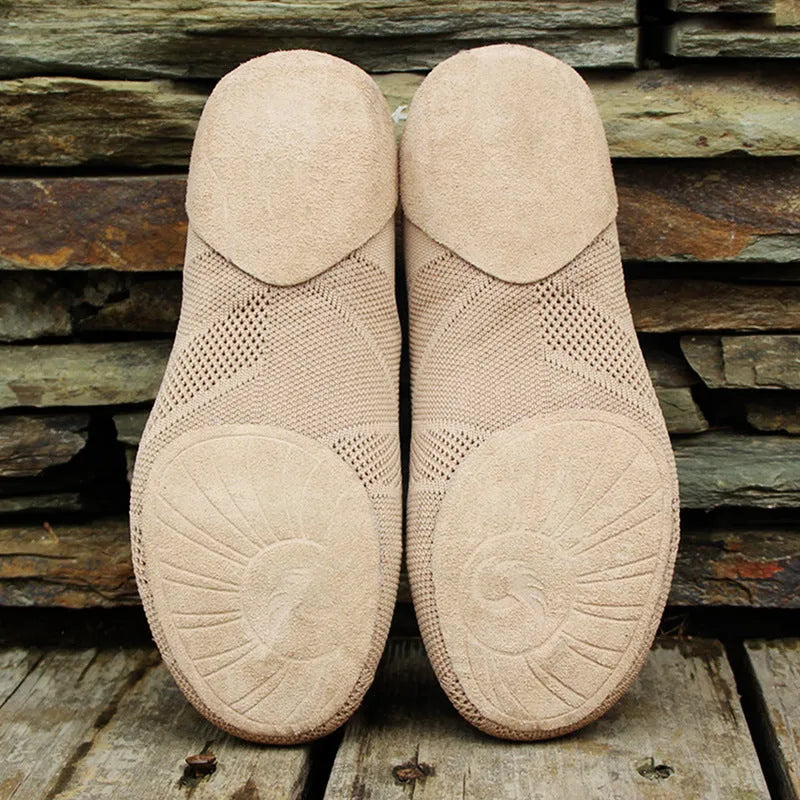 Camel coloured Latin dance shoes with cotton mesh upper and solid colour design.