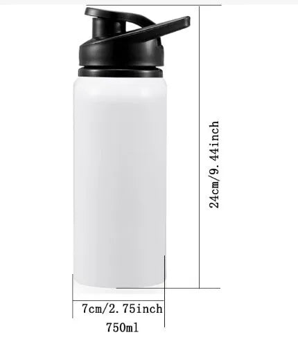 White aluminium sports water bottle for cycling, shown in 600ml and 750ml size options.