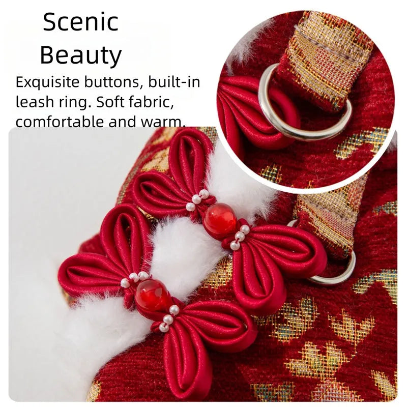 Lunar New Year brocade pet jumpsuit with faux fur trim, Chinese knot buttons and floral-gold motifs in red or beige.