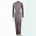 Leopard print long dress with stand collar and long sleeves in milk silk polyester fabric