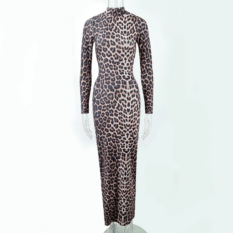 Leopard print long dress with stand collar and long sleeves in milk silk polyester fabric